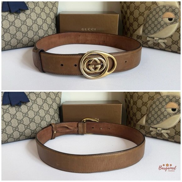 Authentic Gucci Brown Leather Gold Interlocking G Buckle Belt 80/32 - Picture 4 of 13